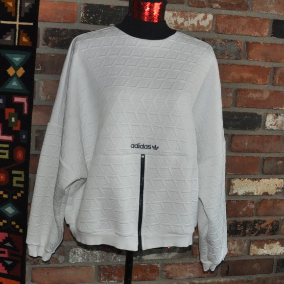 Adidas Trefoil Logo Originals White Sweater Textured, Mock Neck. Pull-over L - Picture 2 of 6